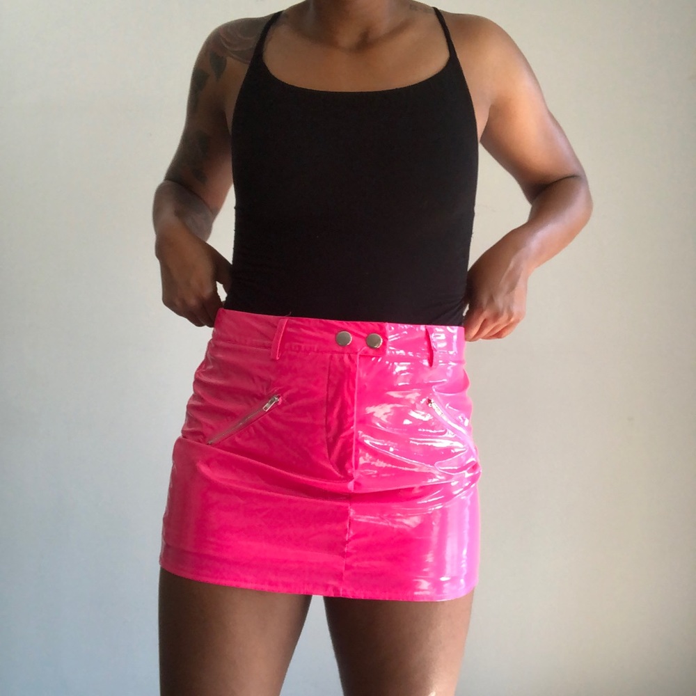Pink vinyl mini skirt